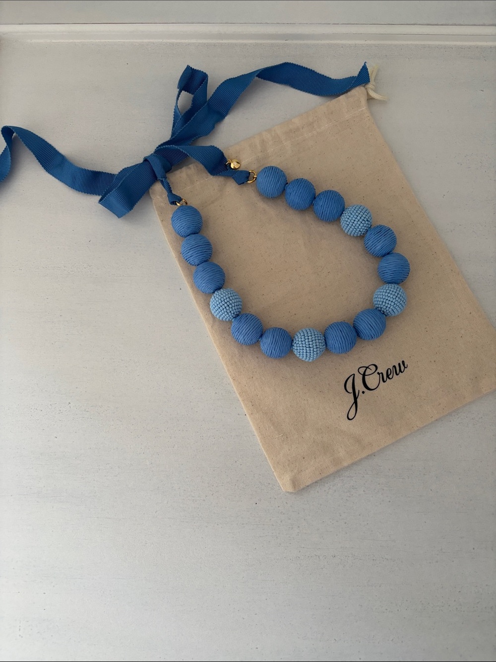 J. Crew Cornflower Blue Beaded Necklace with Ribbon Tie